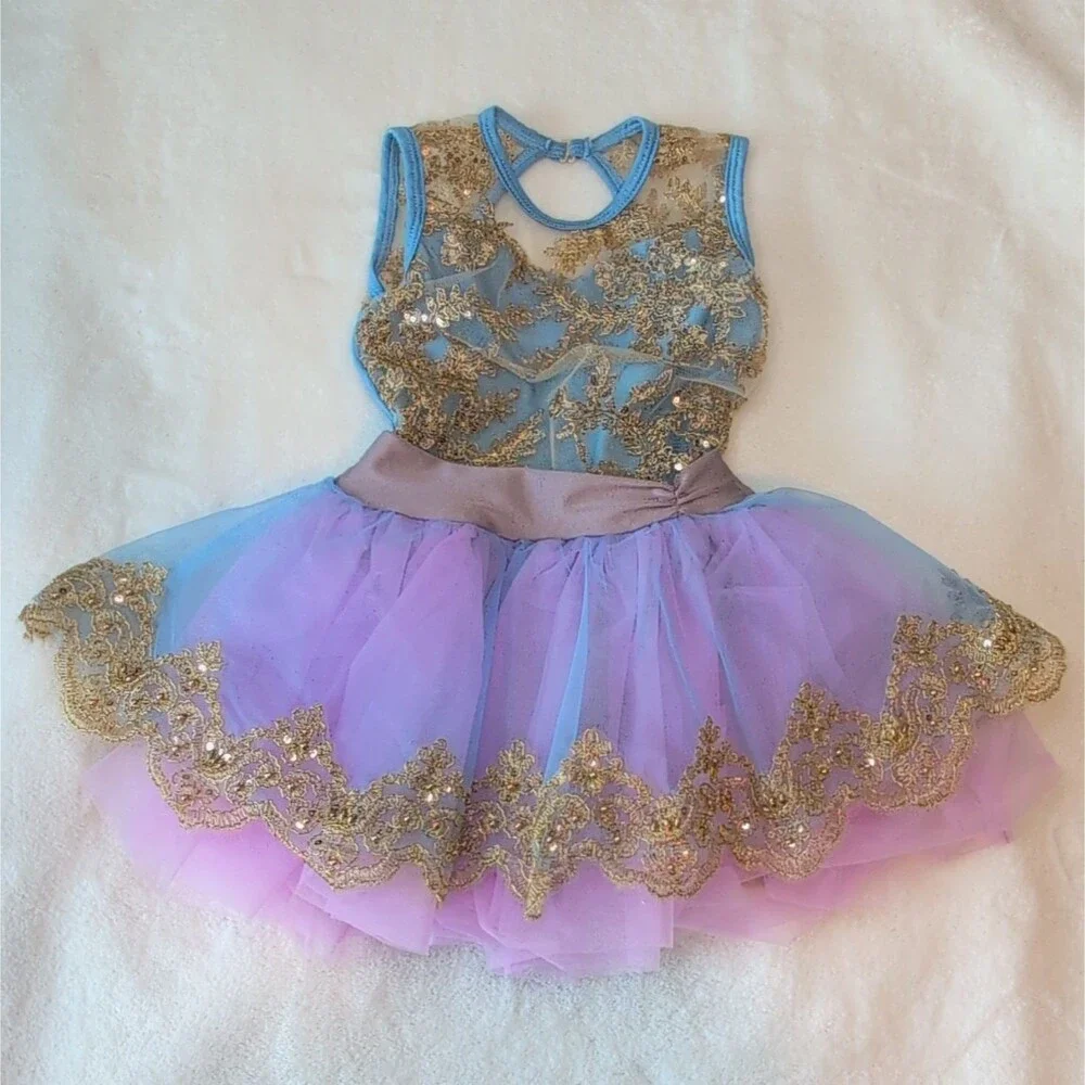 Blue Purple Ombre Tutu Dance Dress - Gold Sequin Lace Royalcore Fairy Costume SC